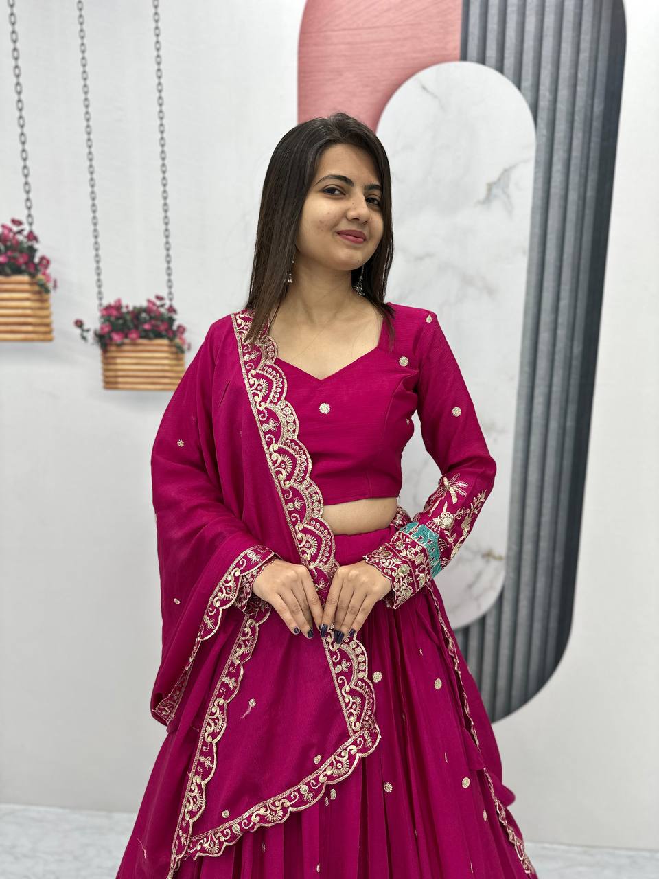 Teeya Creation Rani Color Chinon Silk Embroidery Work Fully Stitched Lehenga Choli | Grocsy