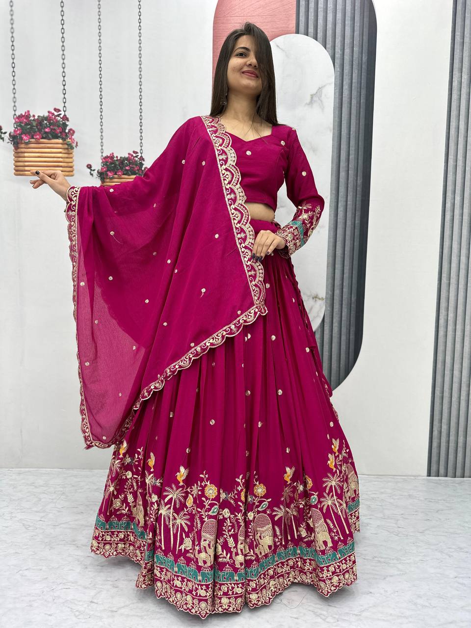 Teeya Creation Rani Color Chinon Silk Embroidery Work Fully Stitched Lehenga Choli | Grocsy