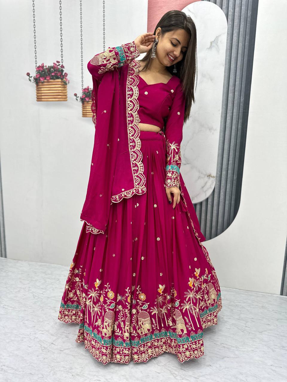 Teeya Creation Rani Color Chinon Silk Embroidery Work Fully Stitched Lehenga Choli | Grocsy