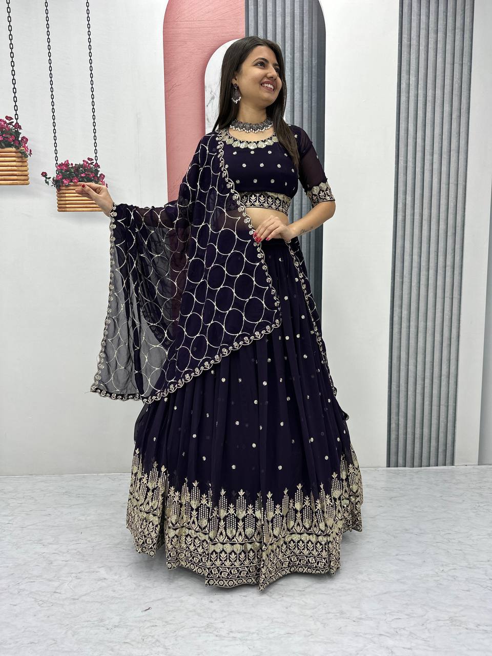 Teeya Creation Dark Purple Color Faux Georgette Embroidery Work Fully Stitched Lehenga Choli | Grocsy