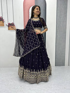 Teeya Creation Dark Purple Color Faux Georgette Embroidery Work Fully Stitched Lehenga Choli | Grocsy