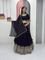 Teeya Creation Dark Purple Color Faux Georgette Embroidery Work Fully Stitched Lehenga Choli | Grocsy
