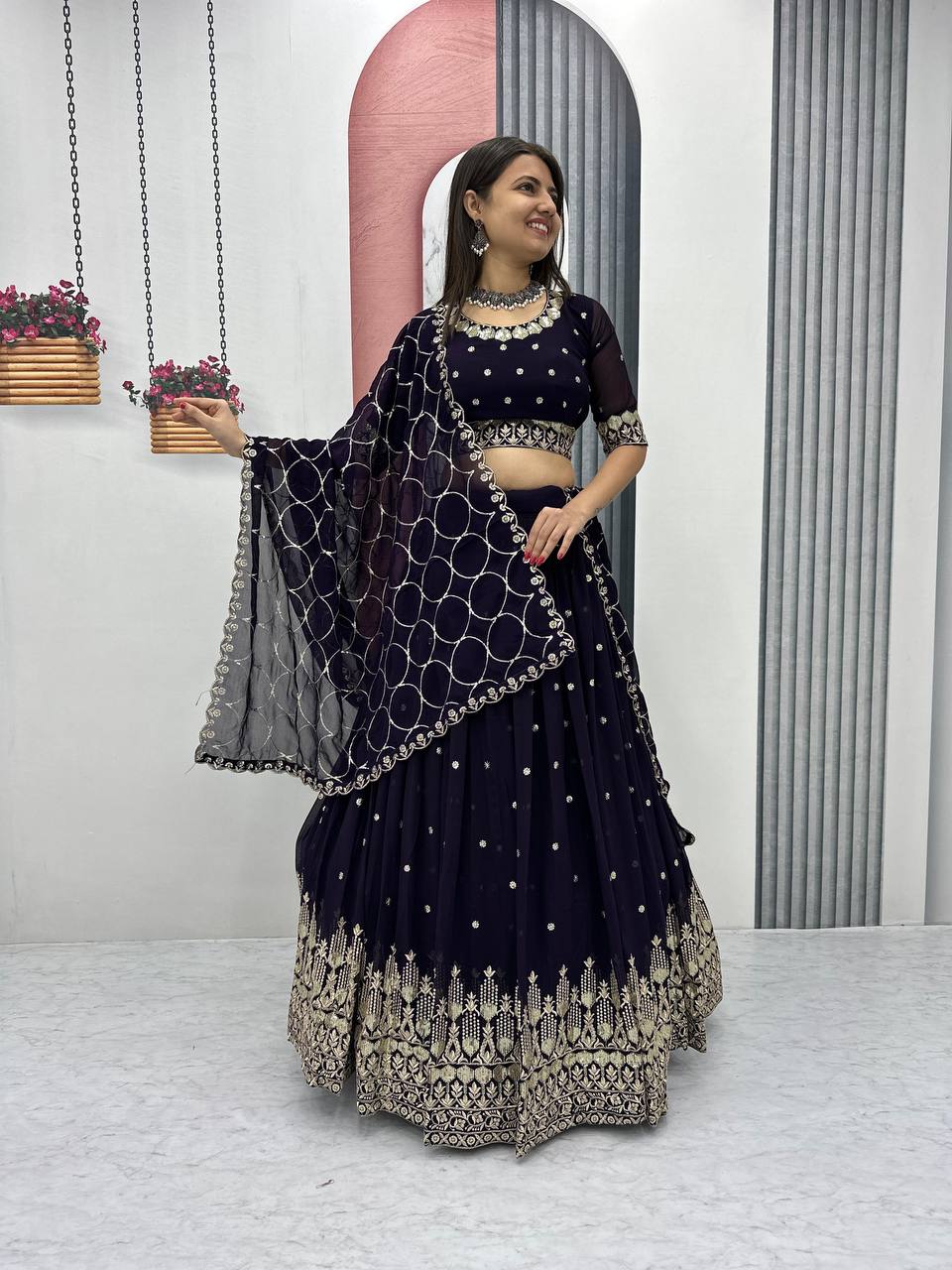 Teeya Creation Dark Purple Color Faux Georgette Embroidery Work Fully Stitched Lehenga Choli | Grocsy