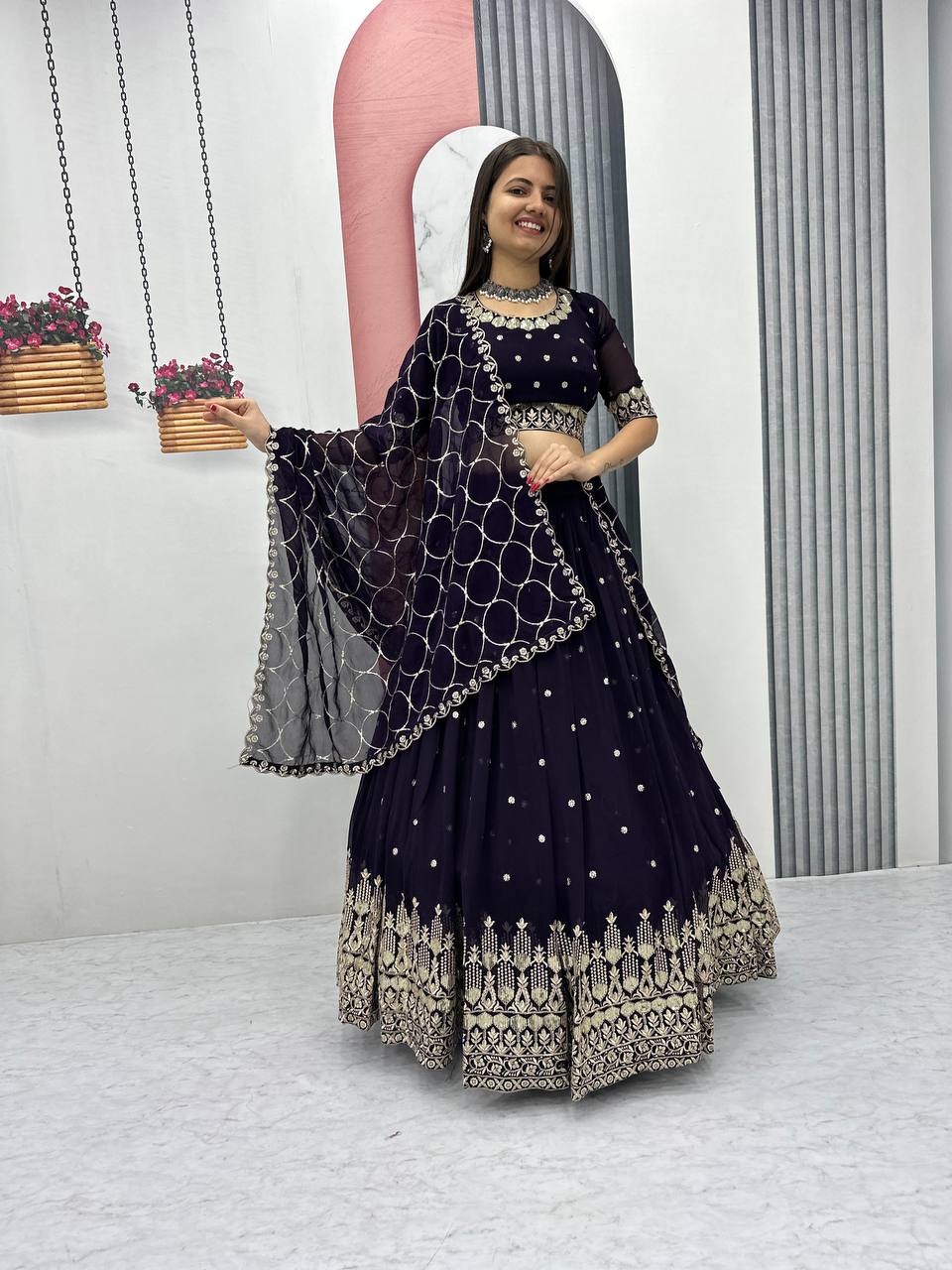 Teeya Creation Dark Purple Color Faux Georgette Embroidery Work Fully Stitched Lehenga Choli | Grocsy