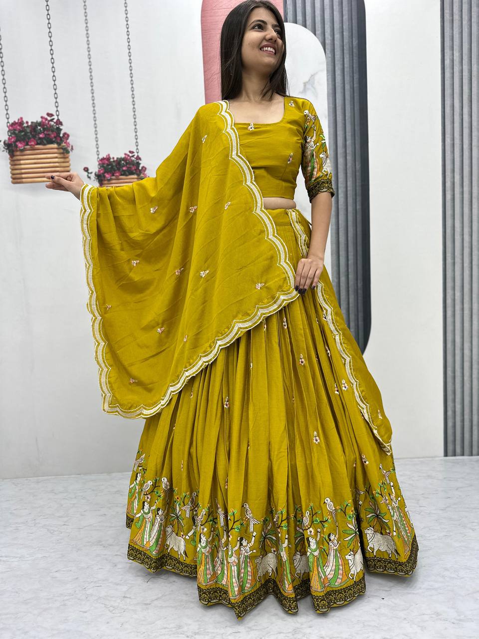 Teeya Creation Mustard Color Chinon Silk Heavy Embroidery Work Fully Stitched Lehenga Choli | Grocsy