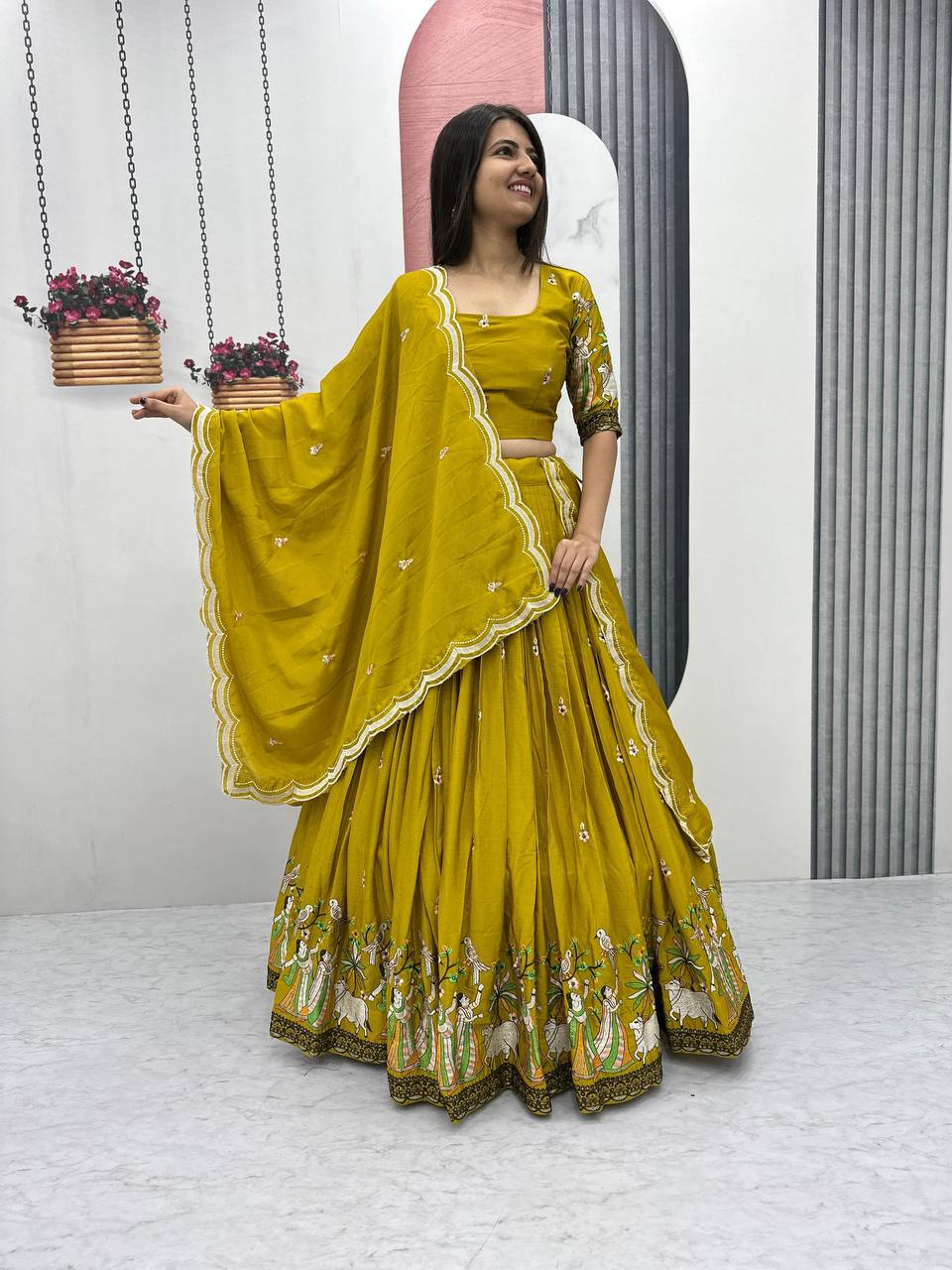 Teeya Creation Mustard Color Chinon Silk Heavy Embroidery Work Fully Stitched Lehenga Choli | Grocsy
