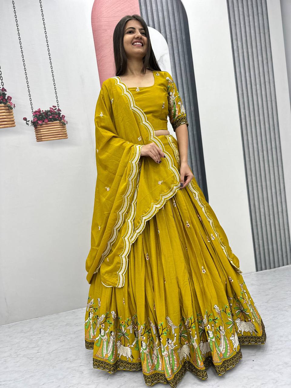 Teeya Creation Mustard Color Chinon Silk Heavy Embroidery Work Fully Stitched Lehenga Choli | Grocsy