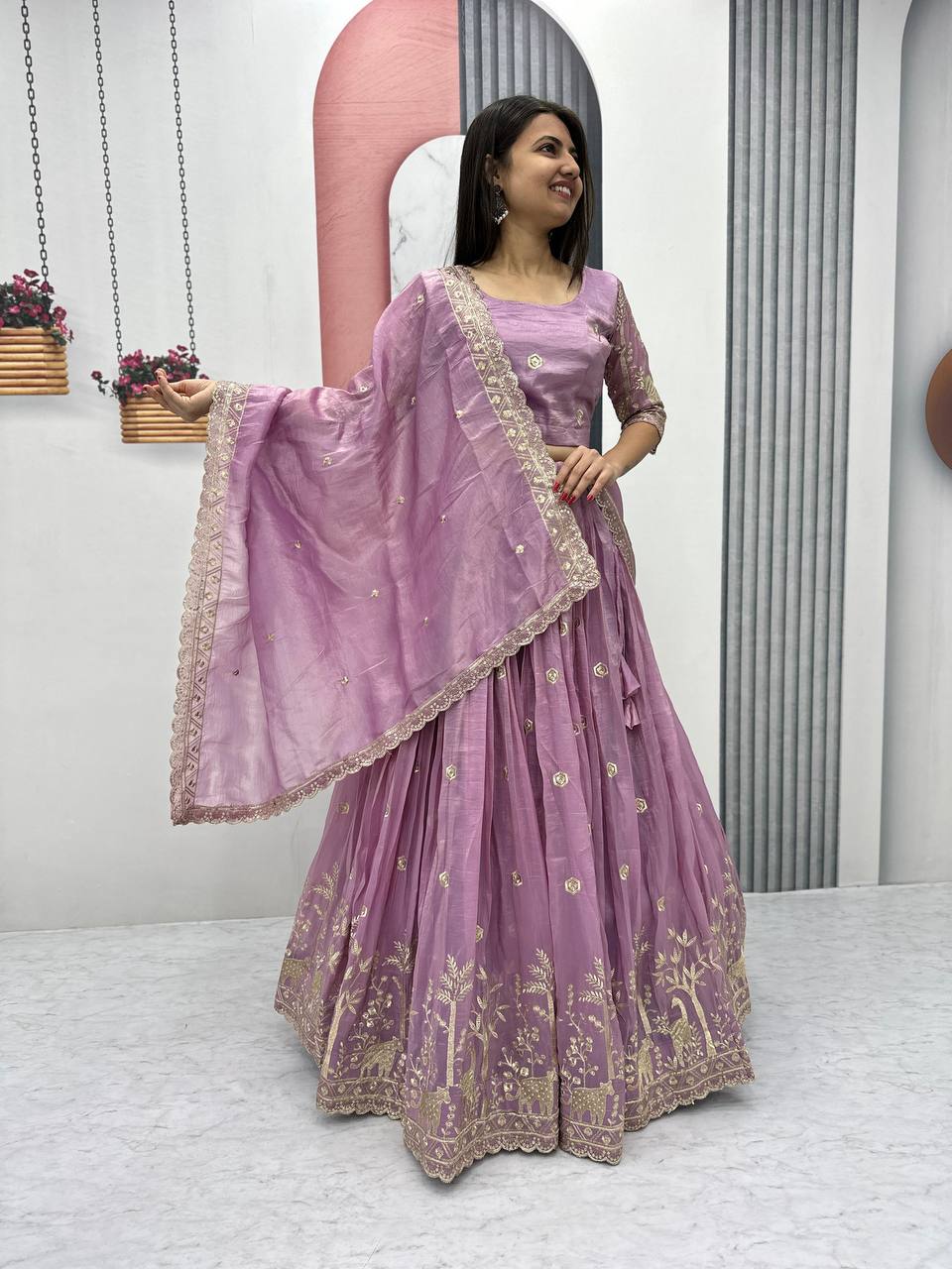 Teeya Creation Lite Purple Color Gold Crush Embroidery Work Fully Stitched Lehenga Choli | Grocsy
