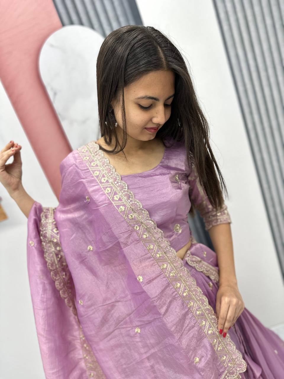 Teeya Creation Lite Purple Color Gold Crush Embroidery Work Fully Stitched Lehenga Choli | Grocsy