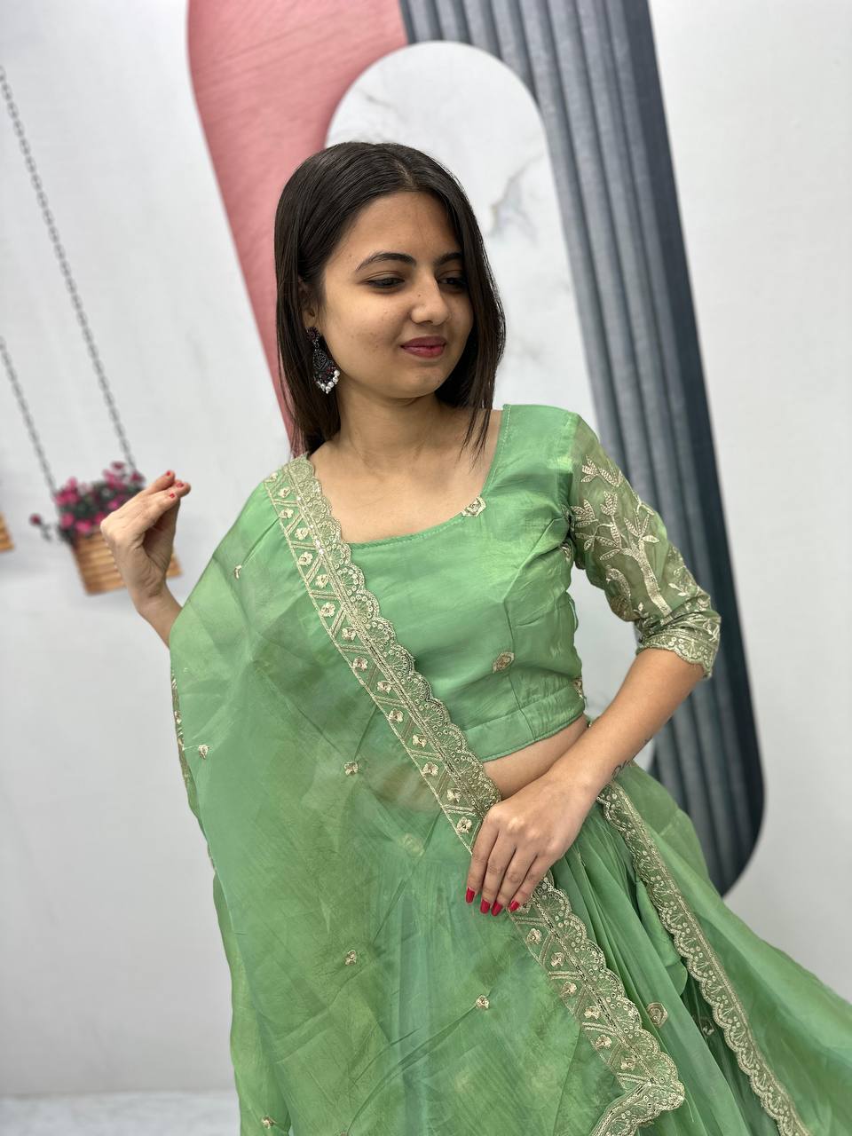 Teeya Creation Parrot Green Color Gold Crush Embroidery Work Fully Stitched Lehenga Choli | Grocsy