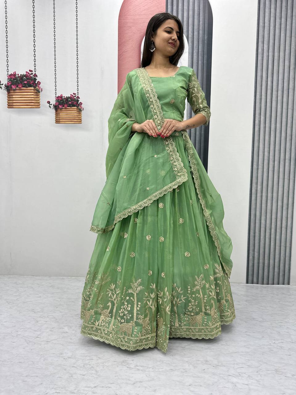 Teeya Creation Parrot Green Color Gold Crush Embroidery Work Fully Stitched Lehenga Choli | Grocsy