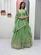 Teeya Creation Parrot Green Color Gold Crush Embroidery Work Fully Stitched Lehenga Choli | Grocsy