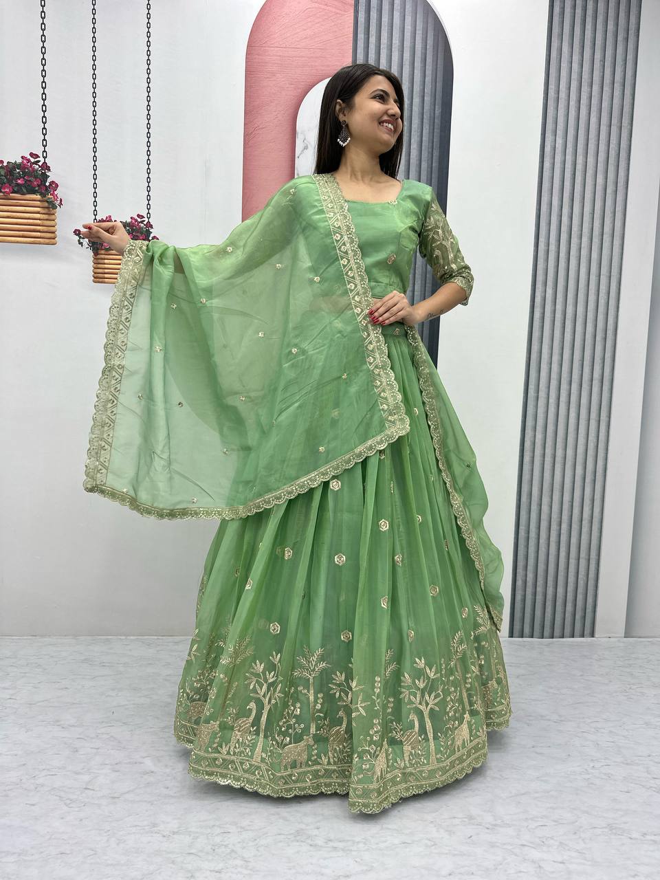 Teeya Creation Parrot Green Color Gold Crush Embroidery Work Fully Stitched Lehenga Choli | Grocsy
