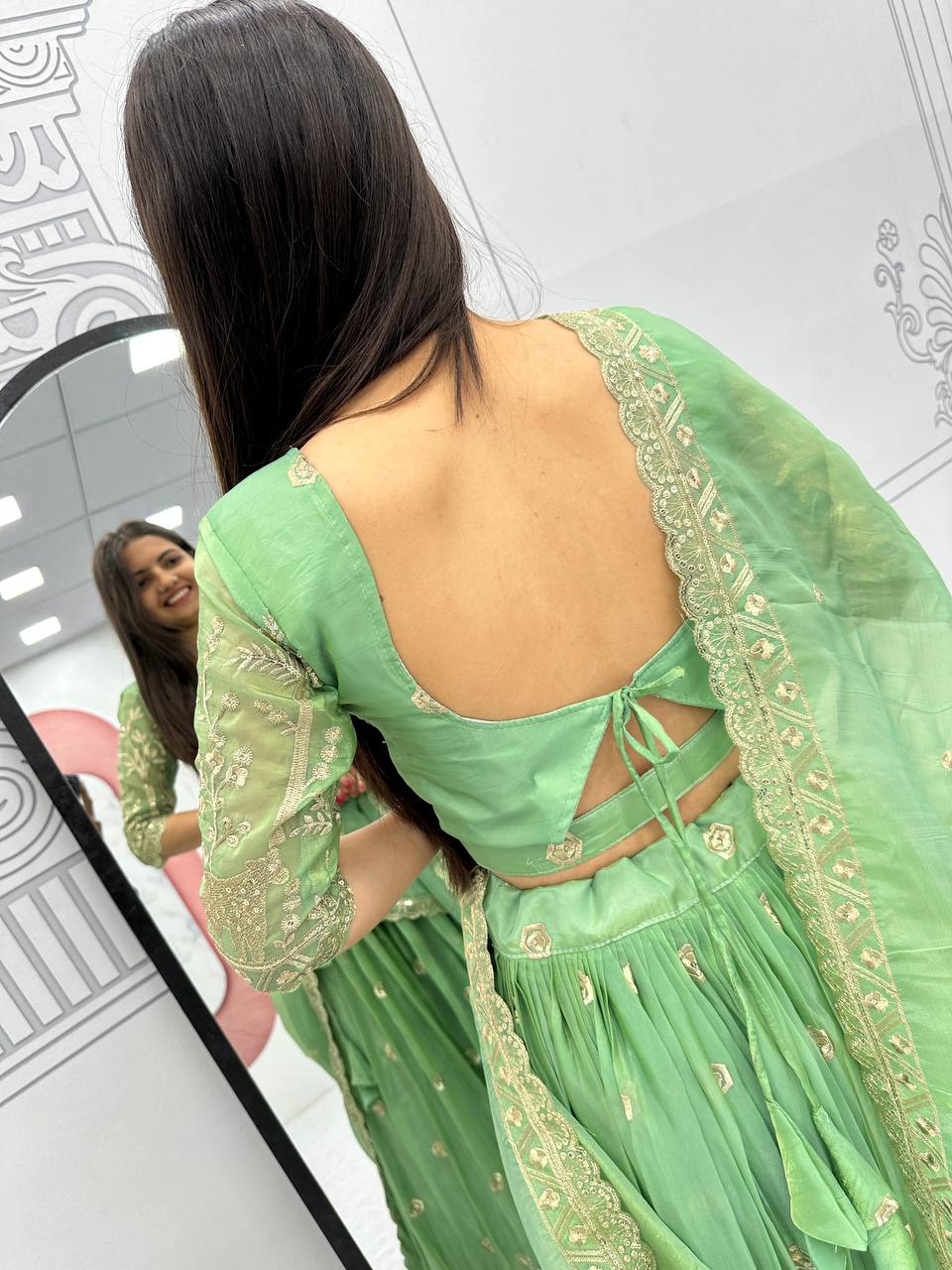 Teeya Creation Parrot Green Color Gold Crush Embroidery Work Fully Stitched Lehenga Choli | Grocsy