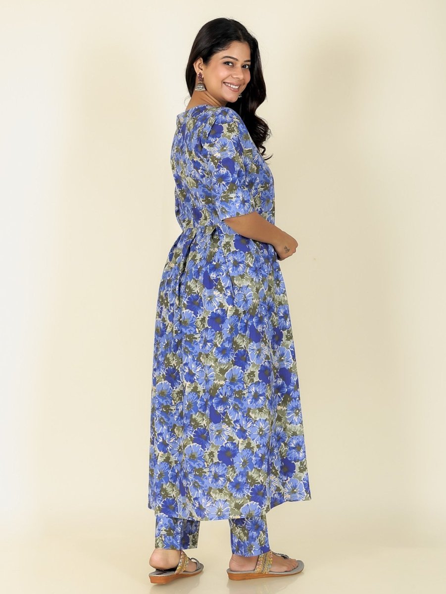 Aramya A-line Soft Cotton Gold foil Print Women's Kurta Set - Blue | Grocsy