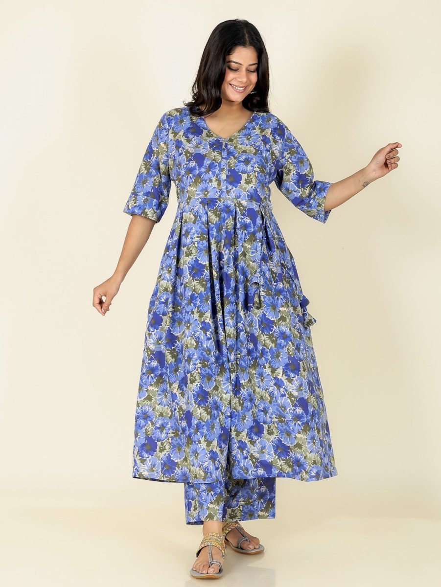 Aramya A-line Soft Cotton Gold foil Print Women's Kurta Set - Blue | Grocsy