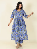 Aramya A-line Soft Cotton Gold foil Print Women's Kurta Set - Blue | Grocsy