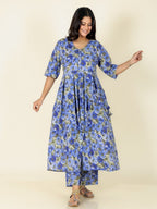 Aramya A-line Soft Cotton Gold foil Print Women's Kurta Set - Blue | Grocsy