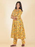 Aramya Anarkali Soft Cotton Floral Print Women's Kurta Set - Yellow | Grocsy