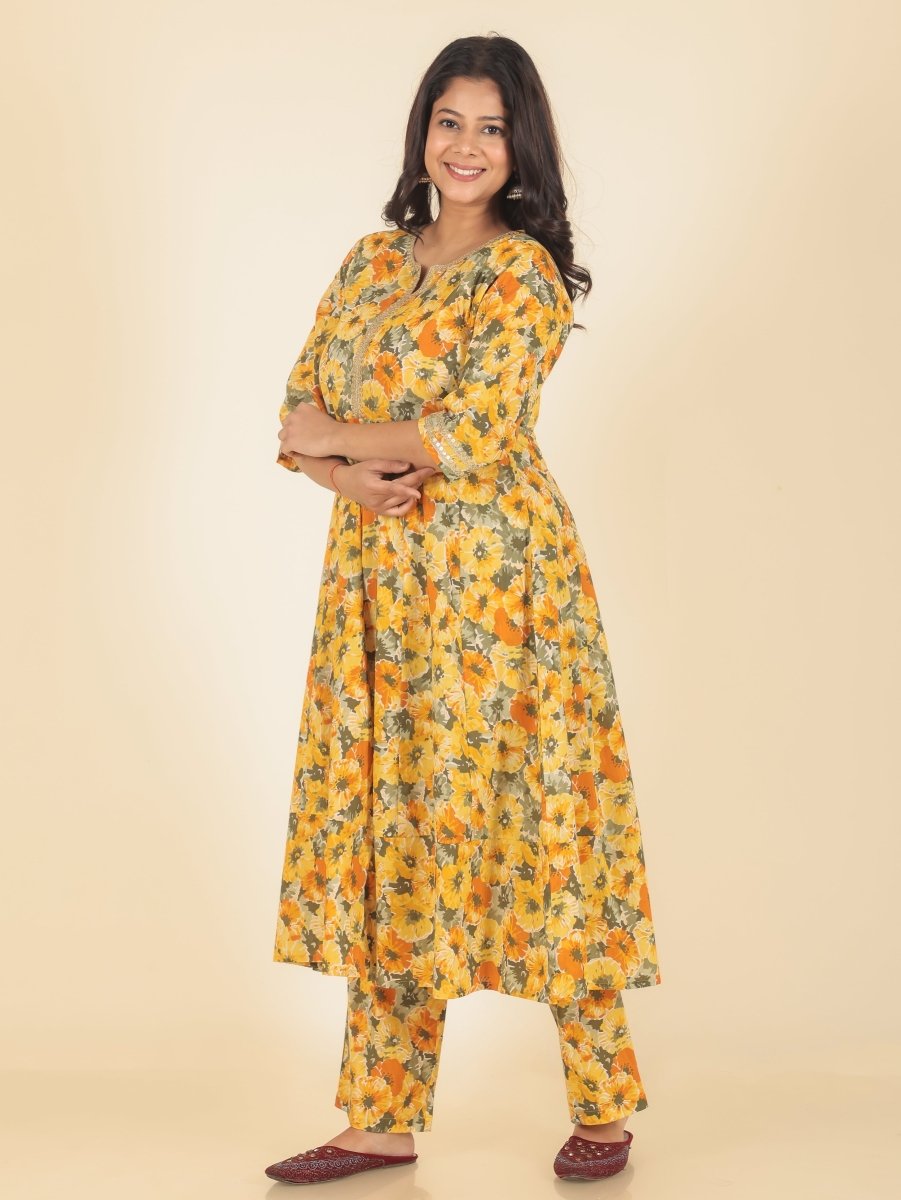 Aramya Anarkali Soft Cotton Floral Print Women's Kurta - Yellow | Grocsy
