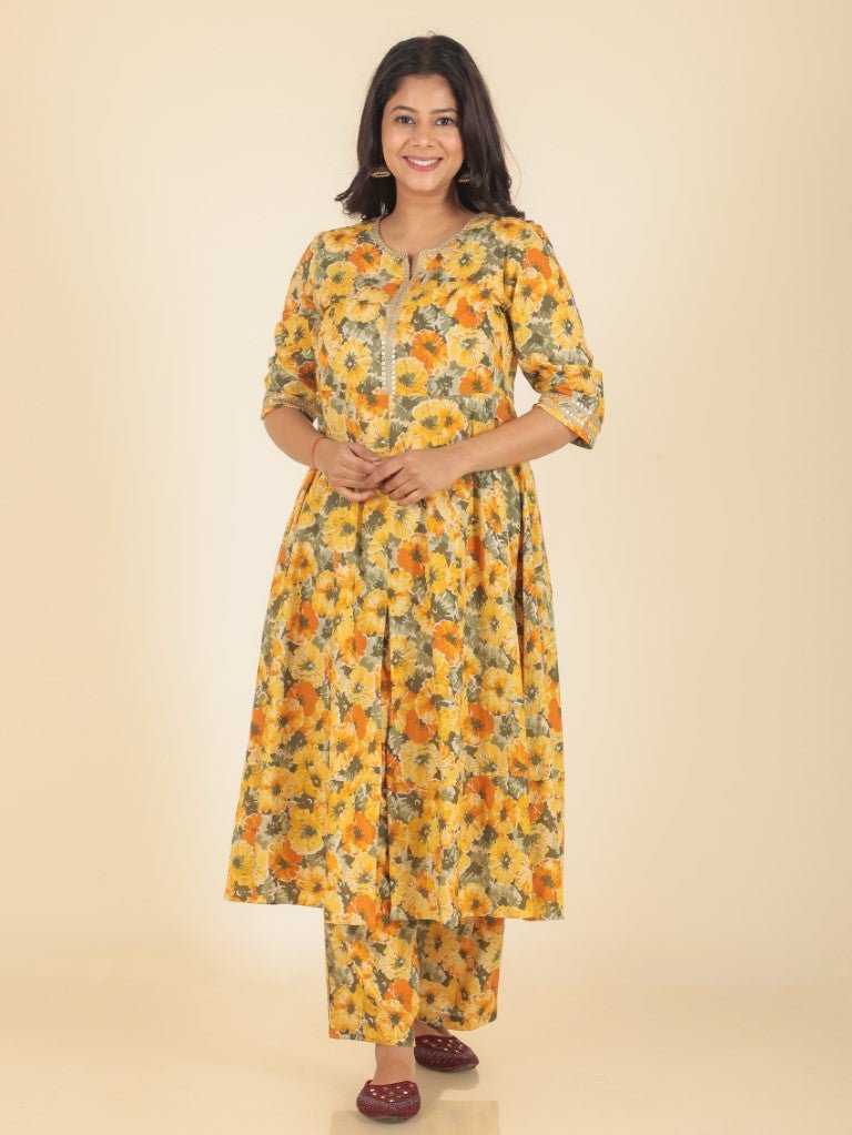 Aramya Anarkali Soft Cotton Floral Print Women's Kurta Set - Yellow | Grocsy