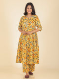 Aramya Anarkali Soft Cotton Floral Print Women's Kurta - Yellow | Grocsy