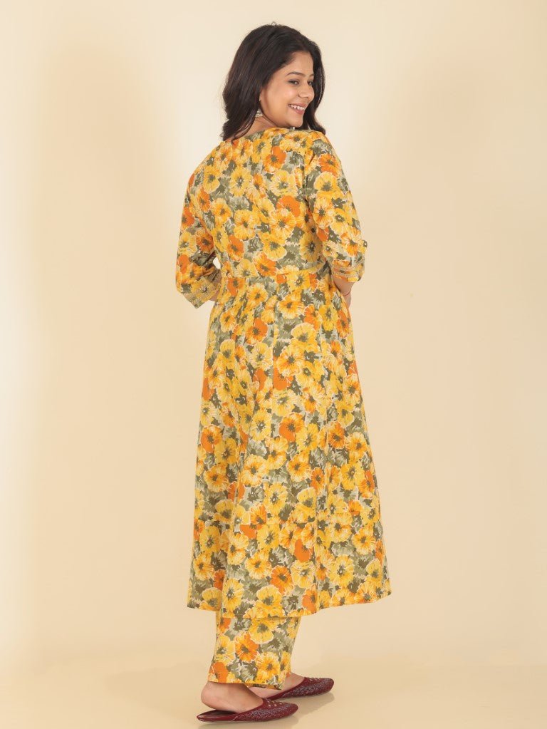 Aramya Anarkali Soft Cotton Floral Print Women's Kurta Set - Yellow | Grocsy