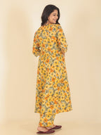 Aramya Anarkali Soft Cotton Floral Print Women's Kurta Set - Yellow | Grocsy