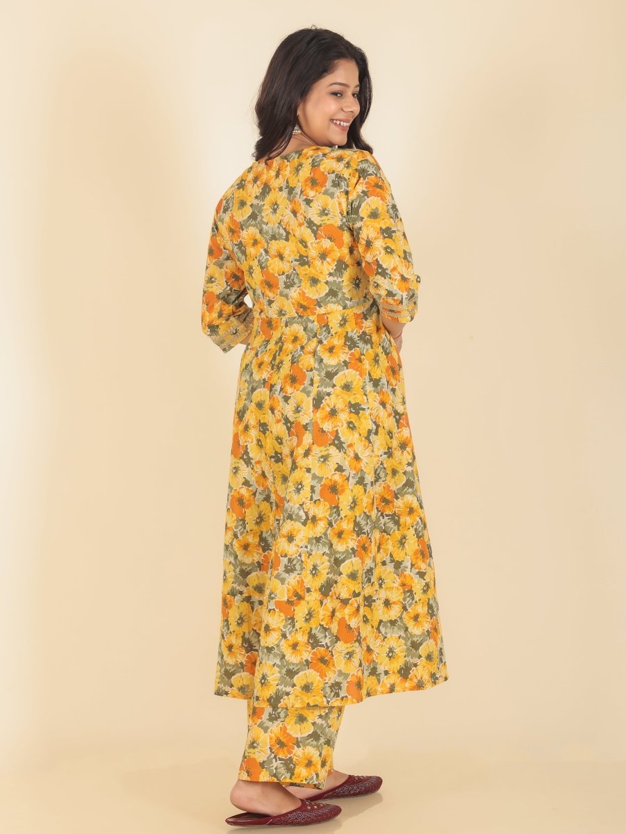 Aramya Anarkali Soft Cotton Floral Print Women's Kurta - Yellow | Grocsy
