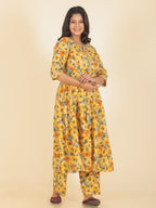 Aramya Anarkali Soft Cotton Floral Print Women's Kurta Set - Yellow | Grocsy