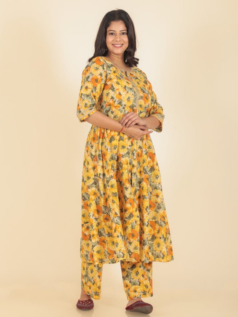 Aramya Anarkali Soft Cotton Floral Print Women's Kurta Set - Yellow | Grocsy