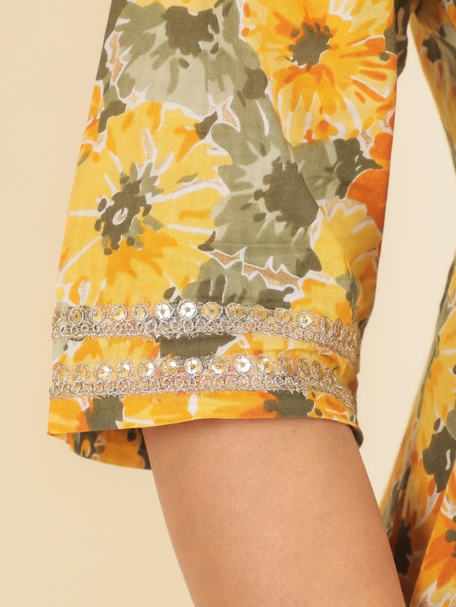 Aramya Anarkali Soft Cotton Floral Print Women's Kurta - Yellow | Grocsy