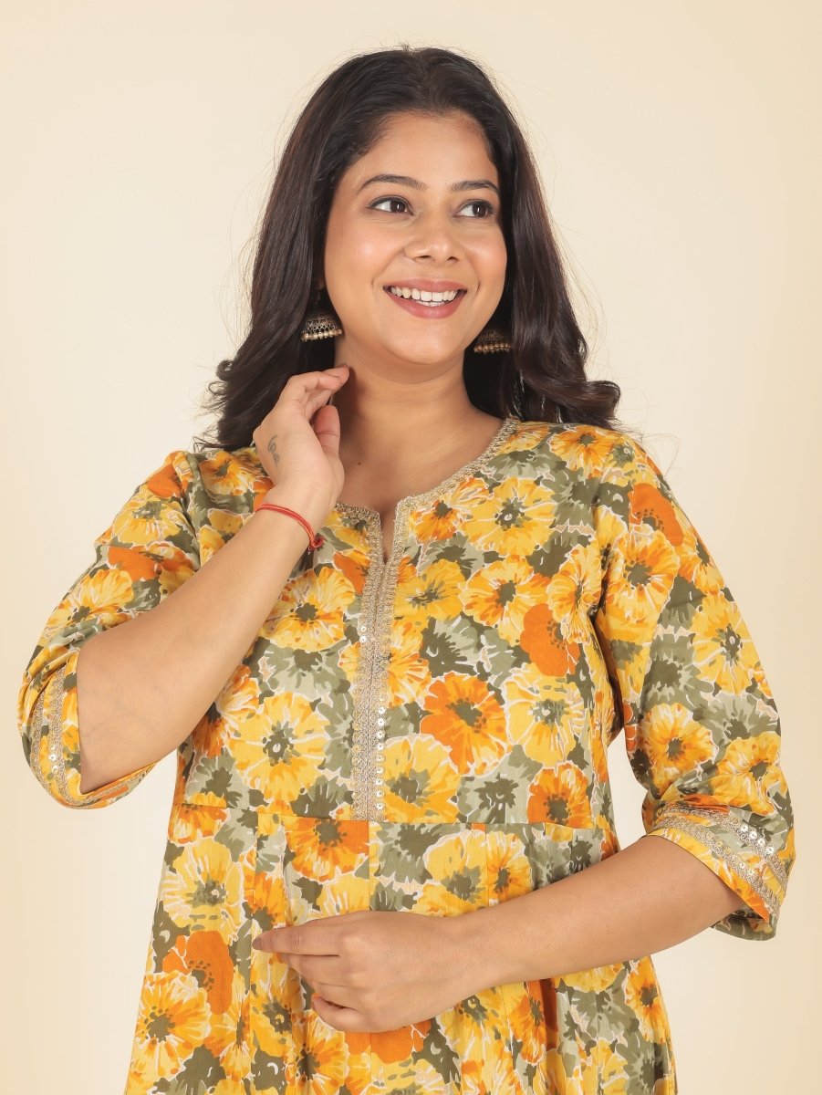 Aramya Anarkali Soft Cotton Floral Print Women's Kurta - Yellow | Grocsy