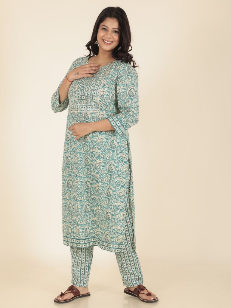 Aramya Straight Soft Cotton Paisley Print Women's Kurta Set - Green | Grocsy