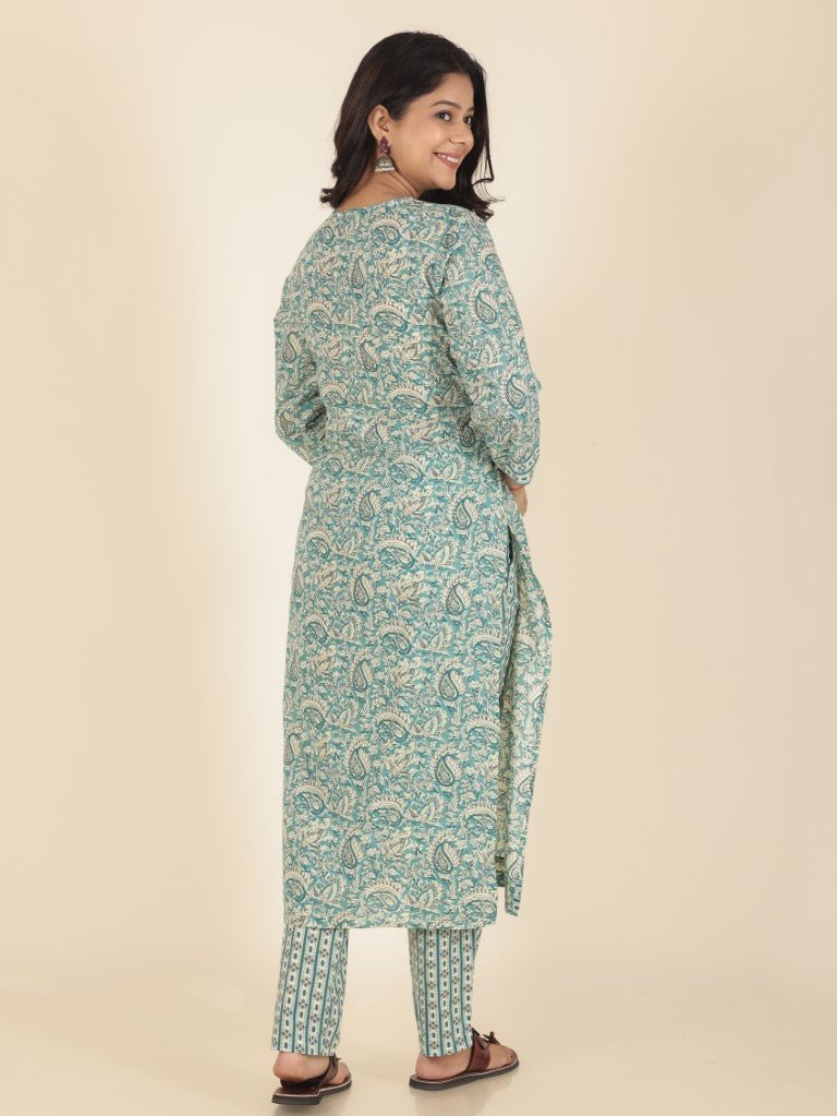 Aramya Straight Soft Cotton Paisley Print Women's Kurta Set - Green | Grocsy