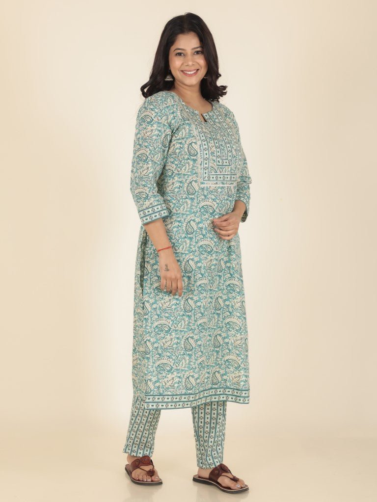 Aramya Straight Soft Cotton Paisley Print Women's Kurta Set - Green | Grocsy