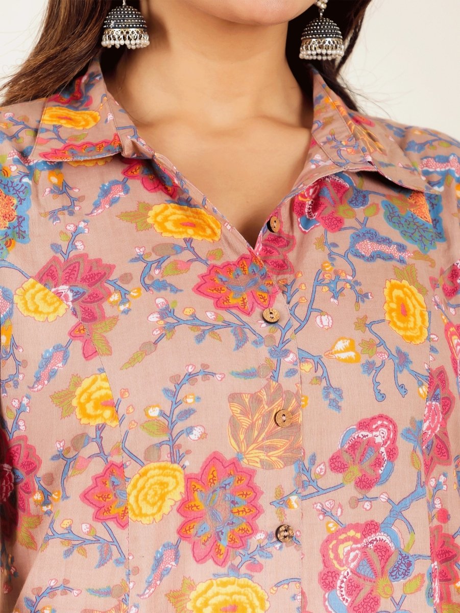 Aramya High Low Soft Cotton Floral Print Women's Kurta Set - Brown | Grocsy
