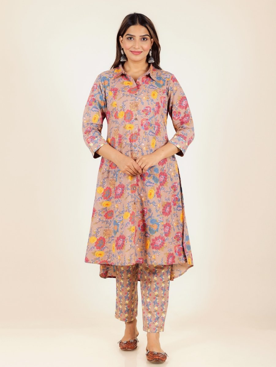 Aramya High Low Soft Cotton Floral Print Women's Kurta Set - Brown | Grocsy