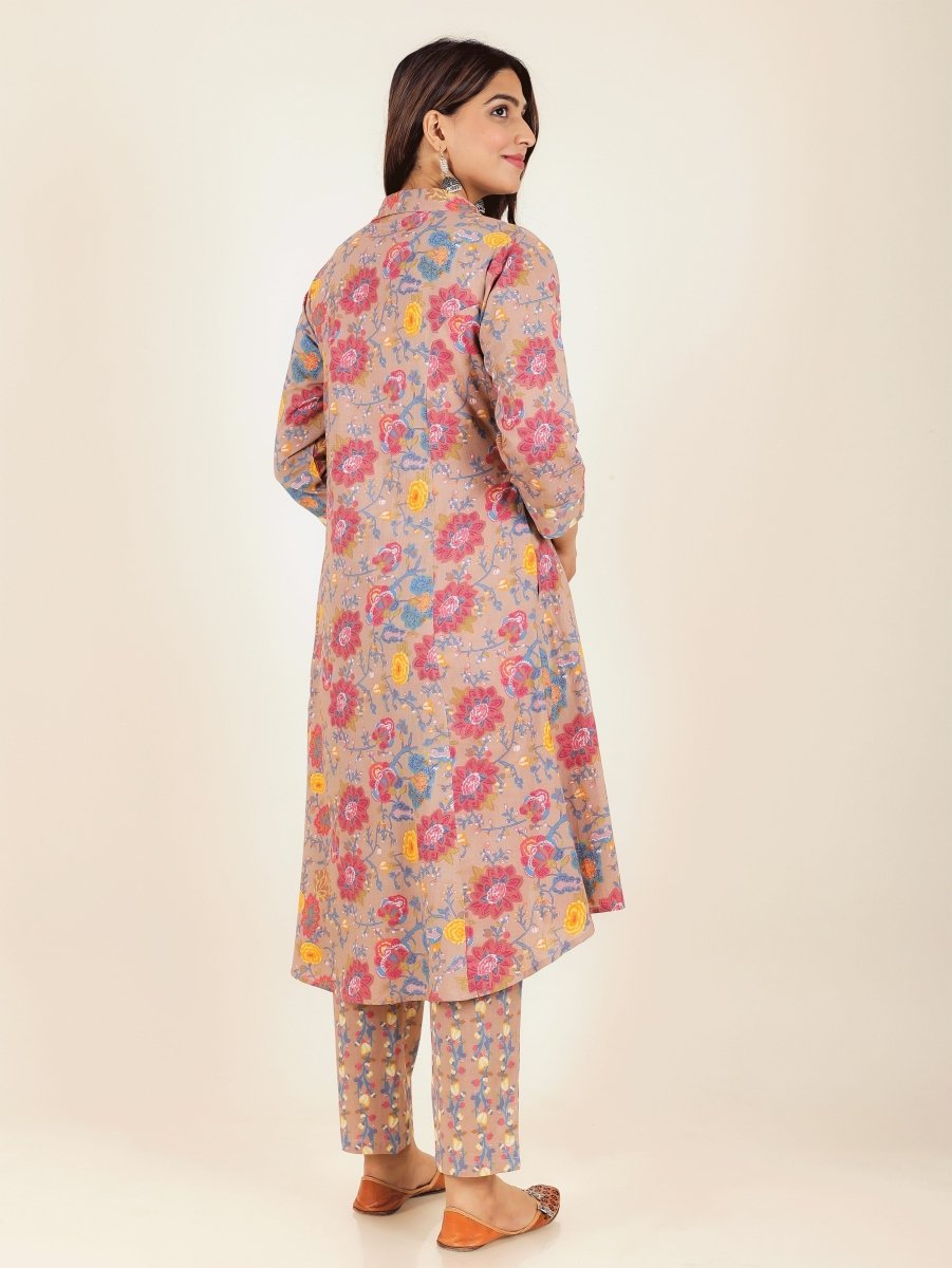 Aramya High Low Soft Cotton Floral Print Women's Kurta Set - Brown | Grocsy