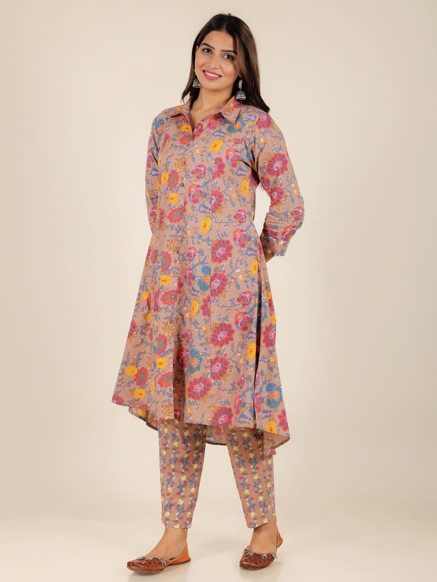 Aramya High Low Soft Cotton Floral Print Women's Kurta Set - Brown | Grocsy