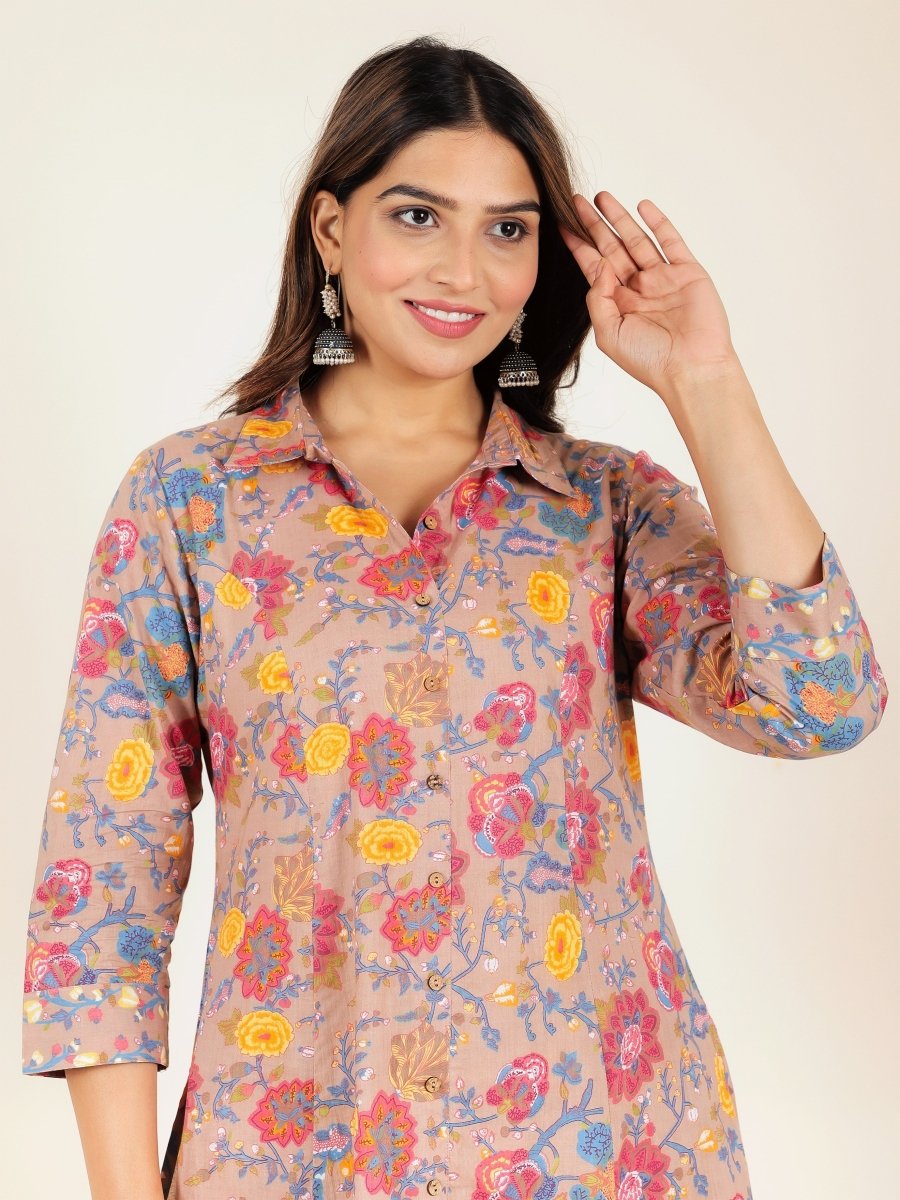 Aramya High Low Soft Cotton Floral Print Women's Kurta Set - Brown | Grocsy