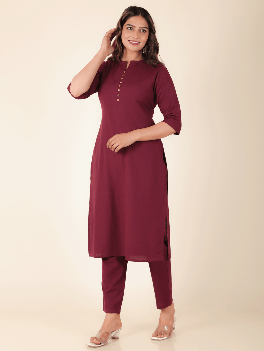 Aramya Straight Linen Cotton Solid Women's Kurta Set - Purple | Grocsy