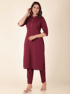Aramya Straight Linen Cotton Solid Women's Kurta Set - Purple | Grocsy