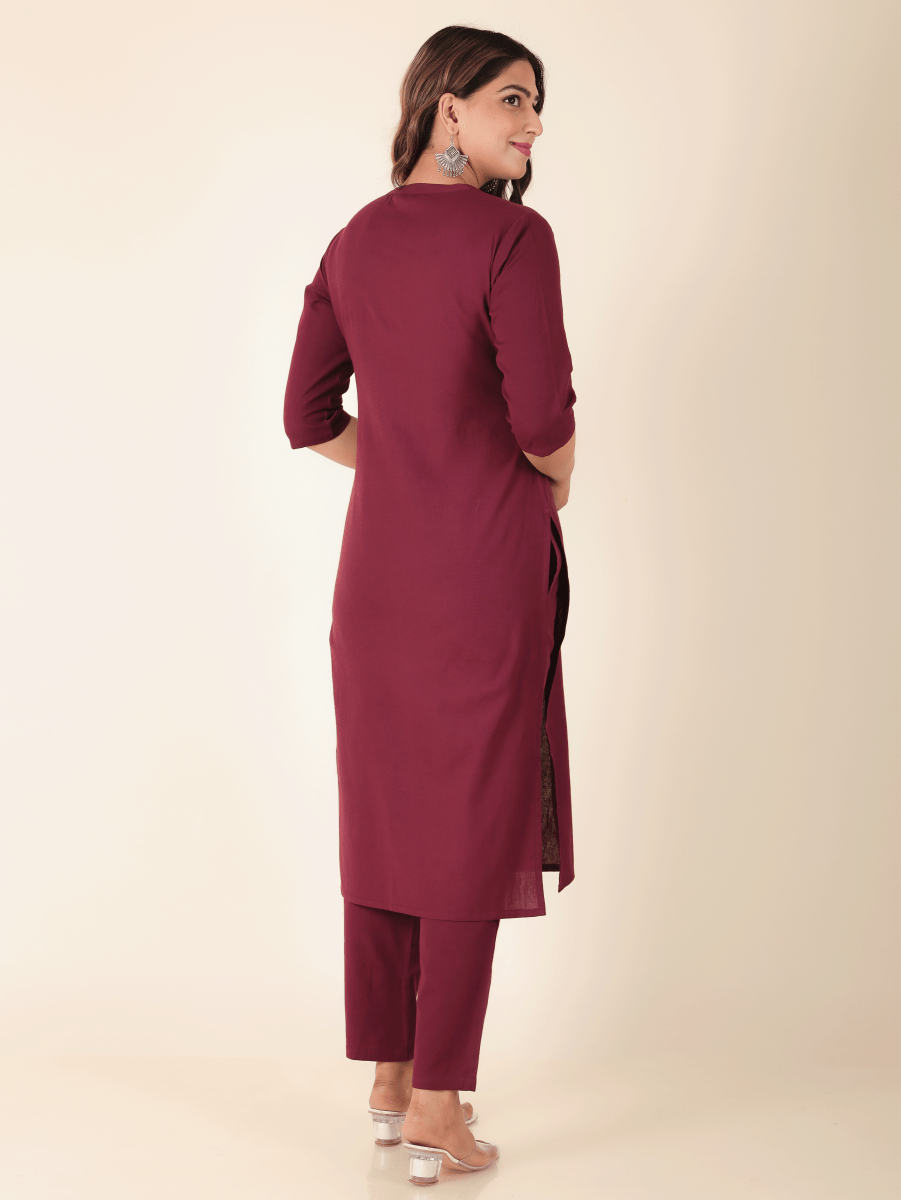 Aramya Straight Linen Cotton Solid Women's Kurta Set - Purple | Grocsy