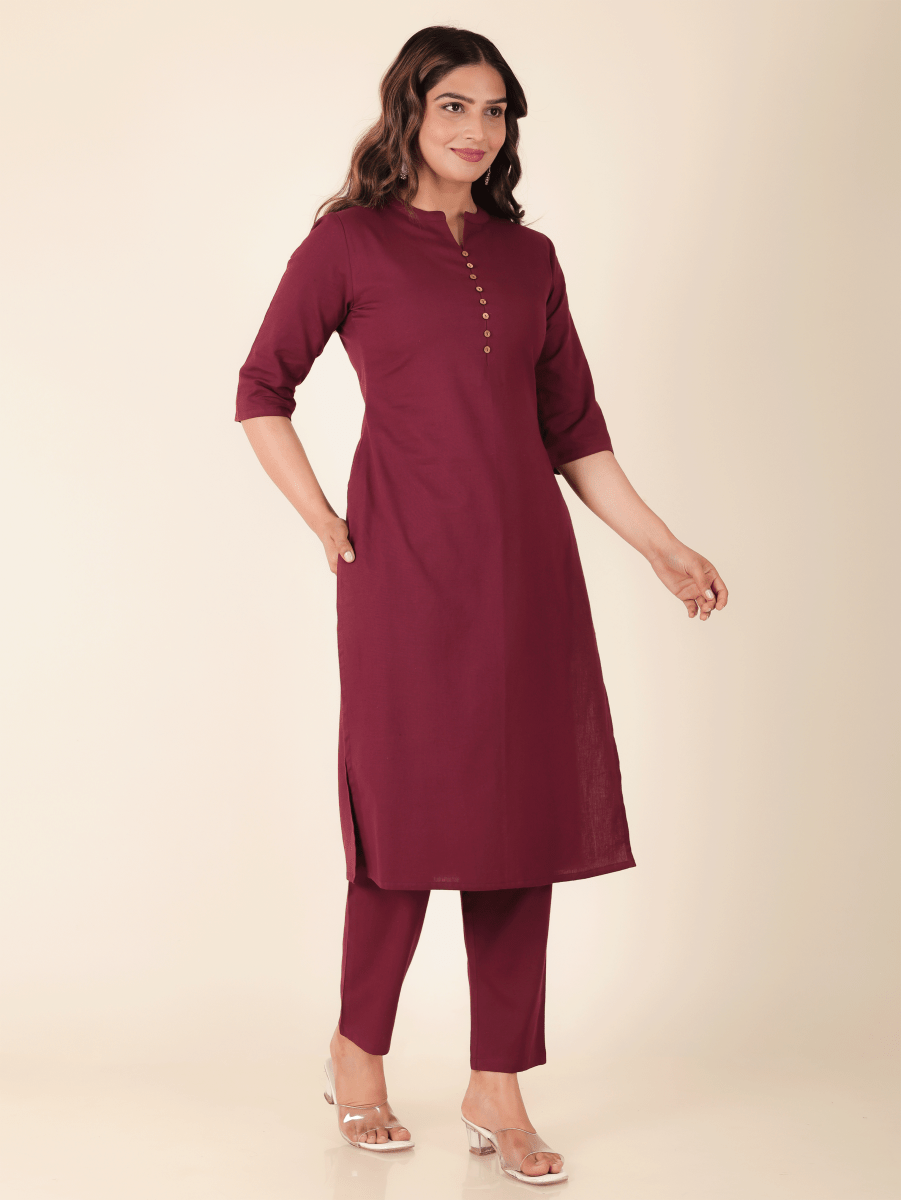 Aramya Straight Linen Cotton Solid Women's Kurta - Purple | Grocsy