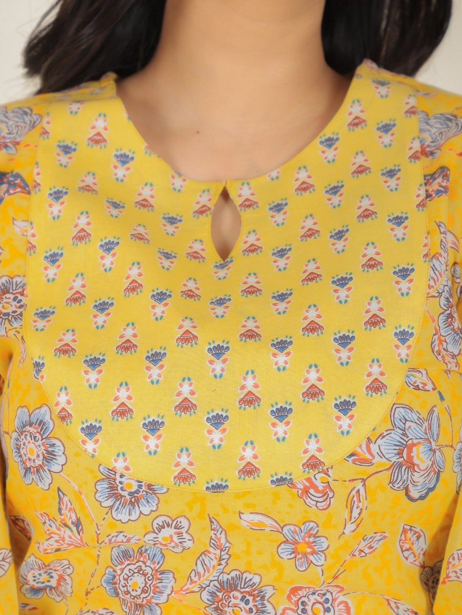 Aramya Straight Soft Cotton Floral Print Women's Kurta Set - Yellow | Grocsy