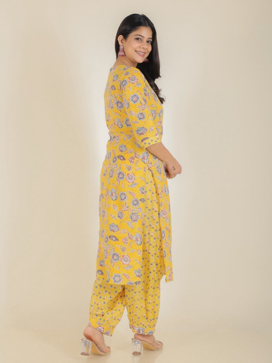 Aramya Straight Soft Cotton Floral Print Women's Kurta Set - Yellow | Grocsy