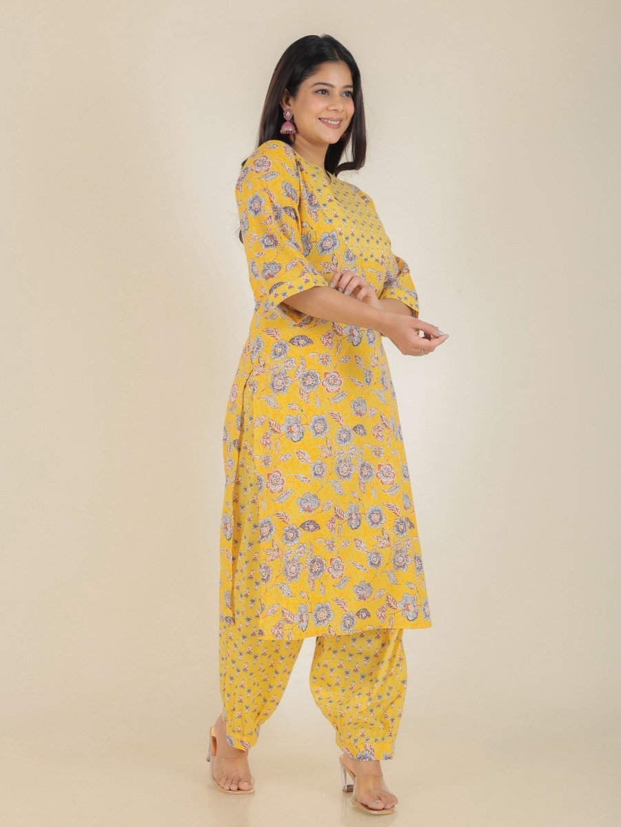 Aramya Straight Soft Cotton Floral Print Women's Kurta Set - Yellow | Grocsy