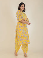 Aramya Straight Soft Cotton Floral Print Women's Kurta Set - Yellow | Grocsy