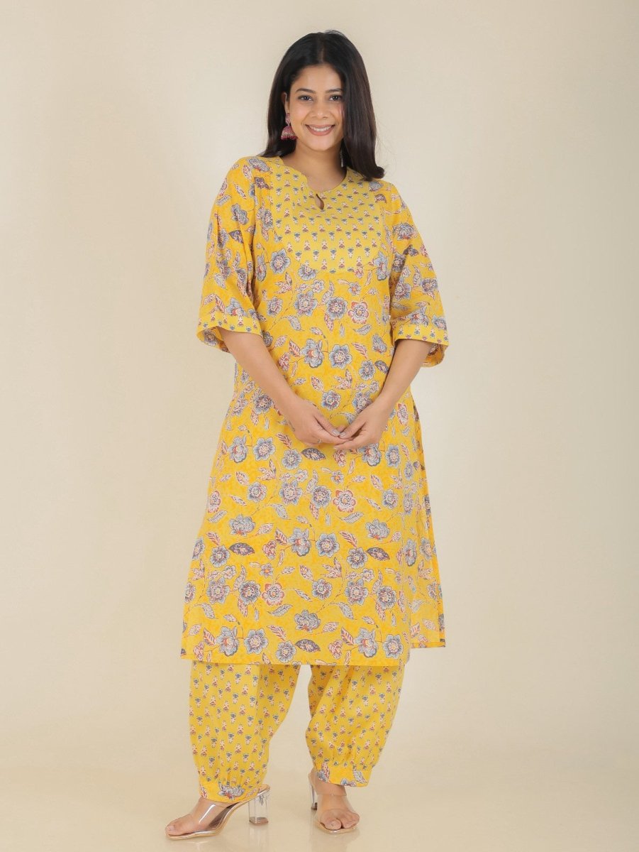 Aramya Straight Soft Cotton Floral Print Women's Kurta Set - Yellow | Grocsy